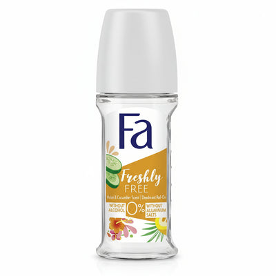 Fa Freshly Free deodorant roll-on bottle on a white background