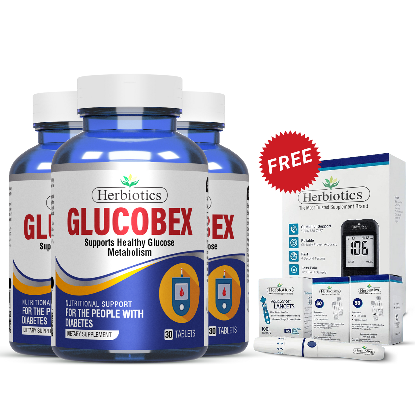 Herbiotics - Glucobex - Bundle - 3 Pack - Free Glucometer