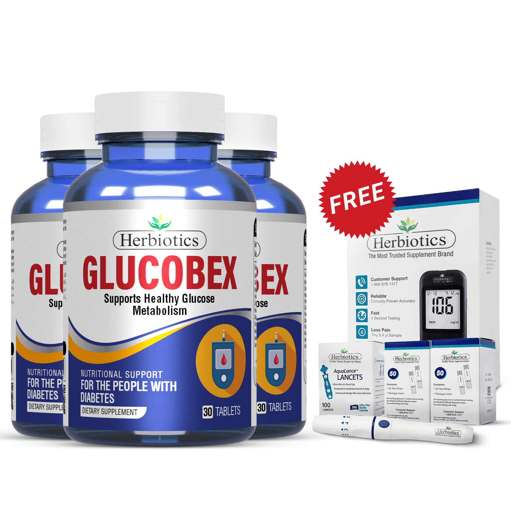 Herbiotics - Glucobex - Bundle - 3 Pack - Free Glucometer