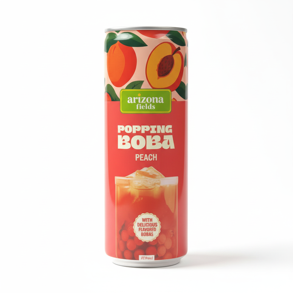 Arizona Fields - Popping Boba - 250ML - Peach - 24 Can (1 Tray) - With Delicious Popping Boba
