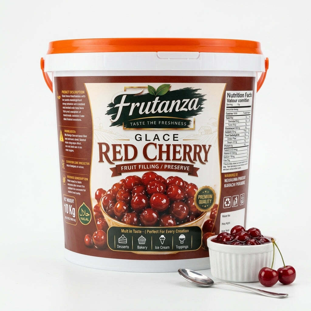 A 10 kg white plastic tub of Frutanza Glace Red Cherry fruit filling with an orange lid, shown on a white background with a small bowl of fresh cherries and a spoon in front.