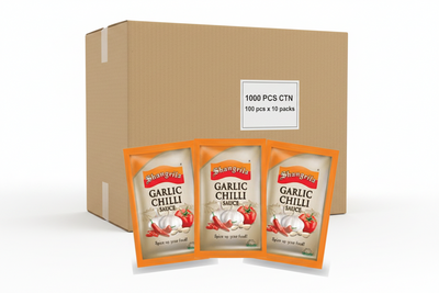Three packets of Shangrila Garlic Chilli Sauce with Abham Foods logo on a white background