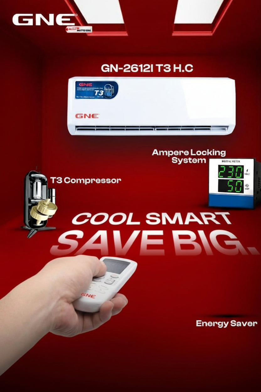 GNE air conditioner with remote control on a red background