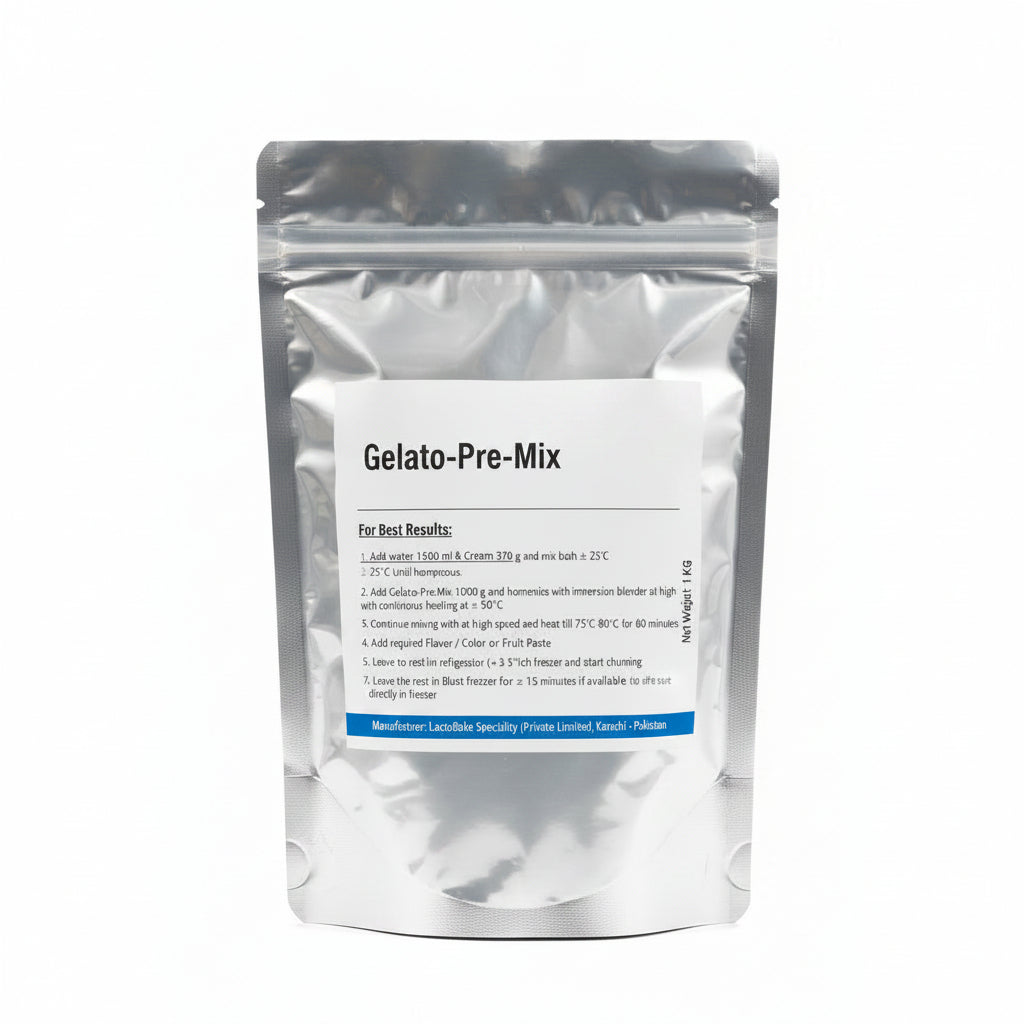 Gelato-pre-mix package with instructions and branding on a white background