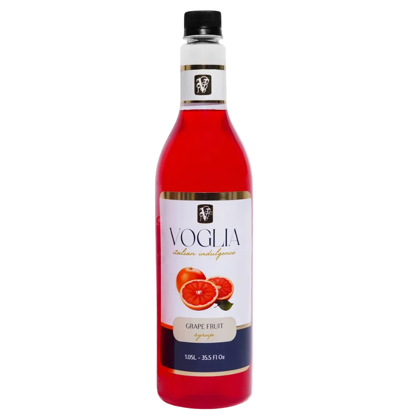 Bottle of Voglia grapefruit syrup on a white background