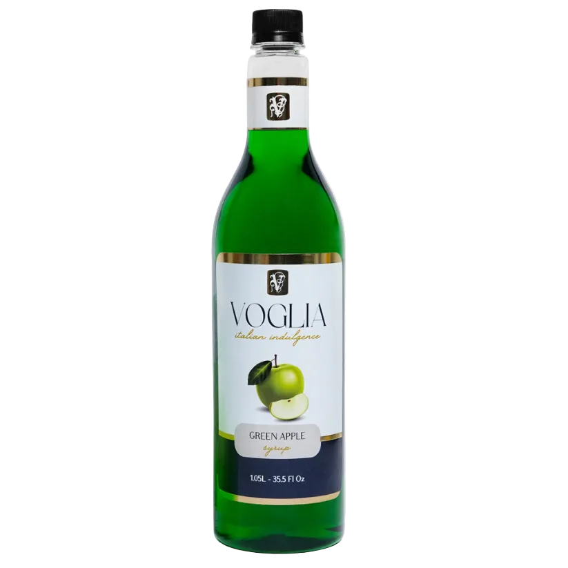 Bottle of VOGLIA Green Apple syrup on a white background