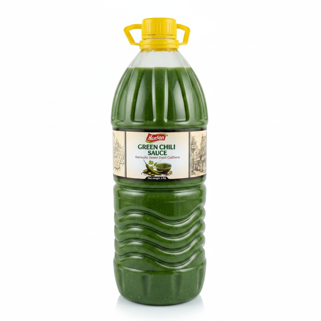 Green chili sauce bottle with yellow cap on a white background