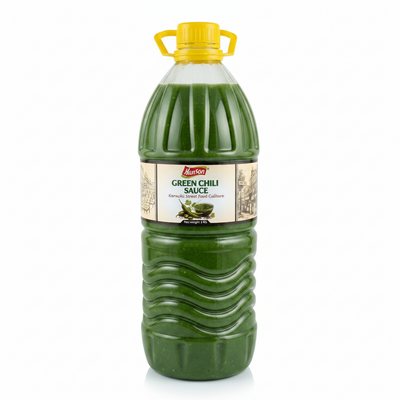 Green chili sauce bottle with yellow cap on a white background