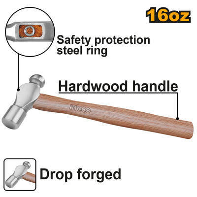 INGCO -  Ball pein hammer 450g hardwood handle HBPH04016