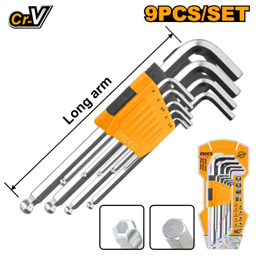 INGCO -  Ball point hex key LONG ARM 9PCS HHK12091