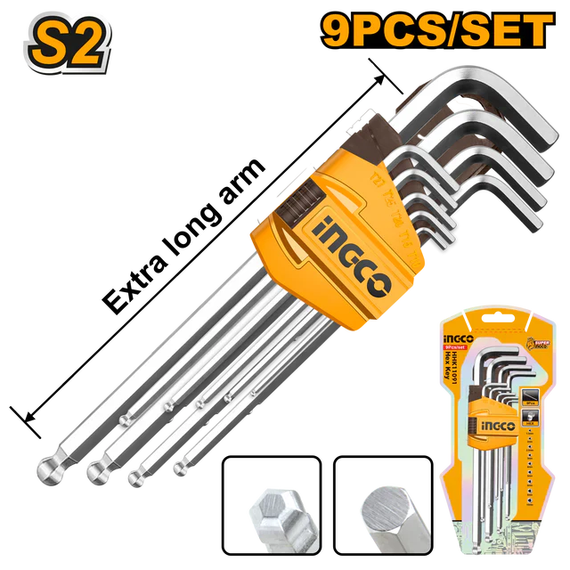 INGCO -  Ball point hex key EXTRA LONG ARM 9PCS HHK12092