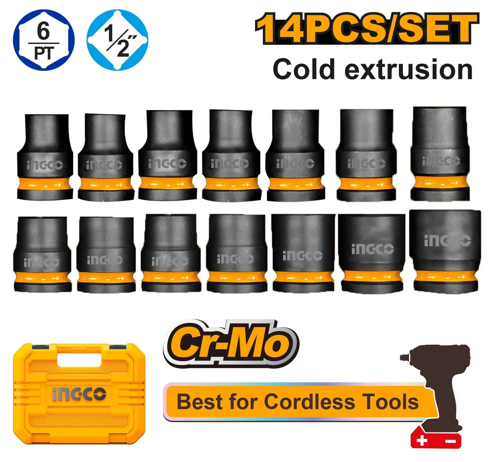 INGCO -  14 Pcs 1/2"DR. Impact socket set  HKISSD12141