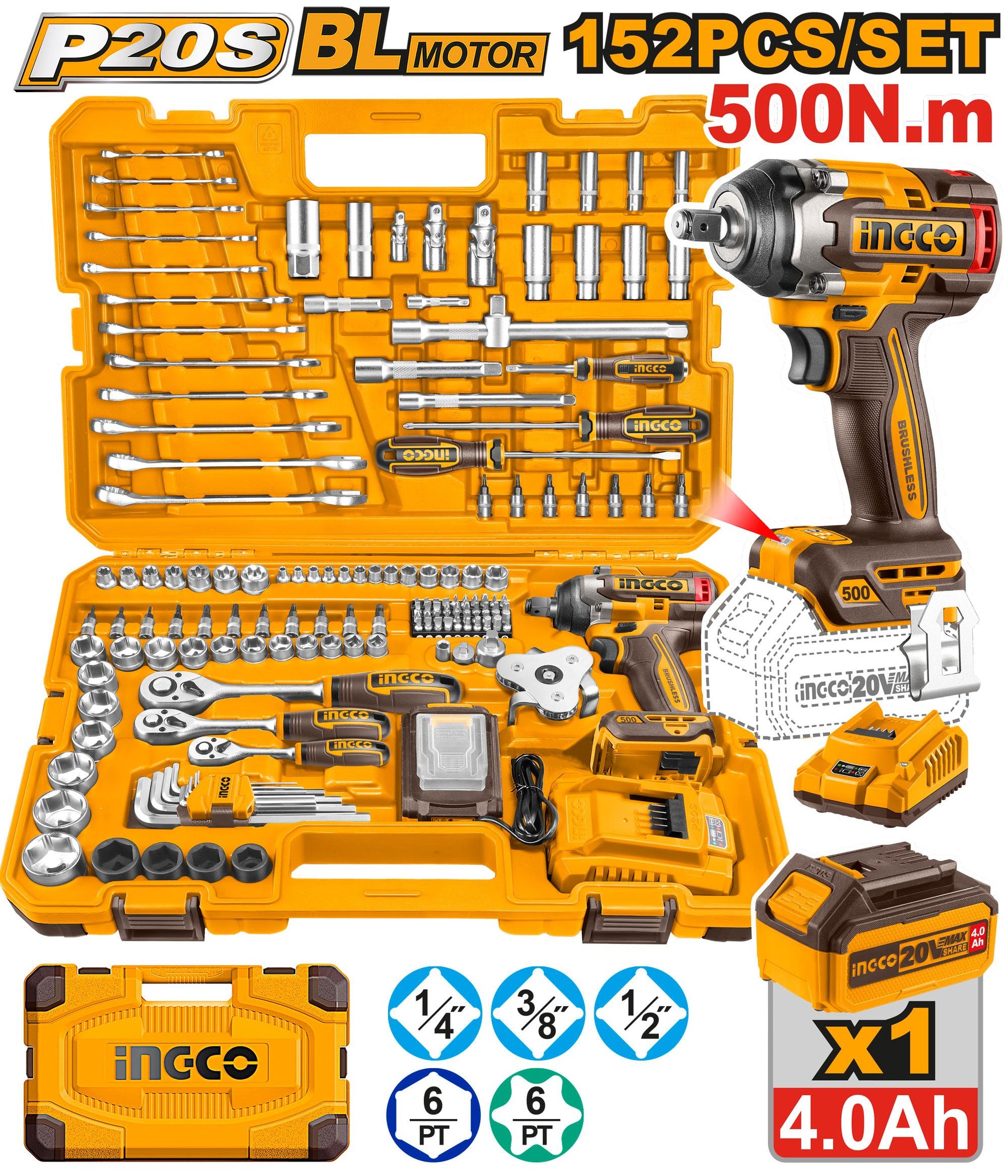 INGCO -  152 Pcs Cordless impact wrench tools set 20v HKTHP31521