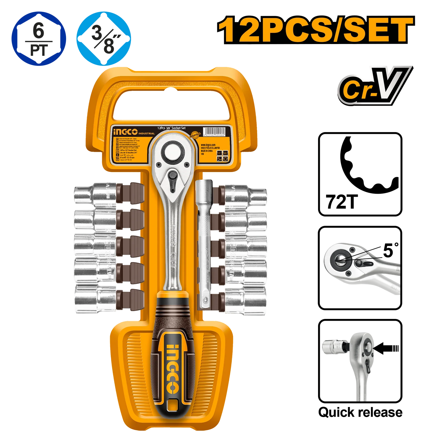 INGCO -  12 Pcs 3/8" socket set  HKTS38122