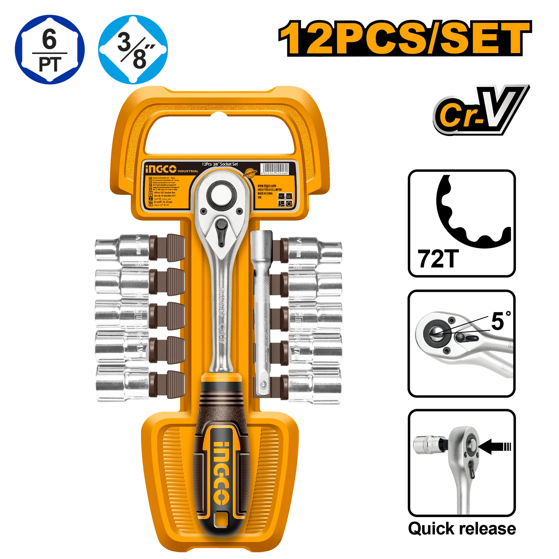 INGCO -  12 Pcs 3/8" socket set  HKTS38122