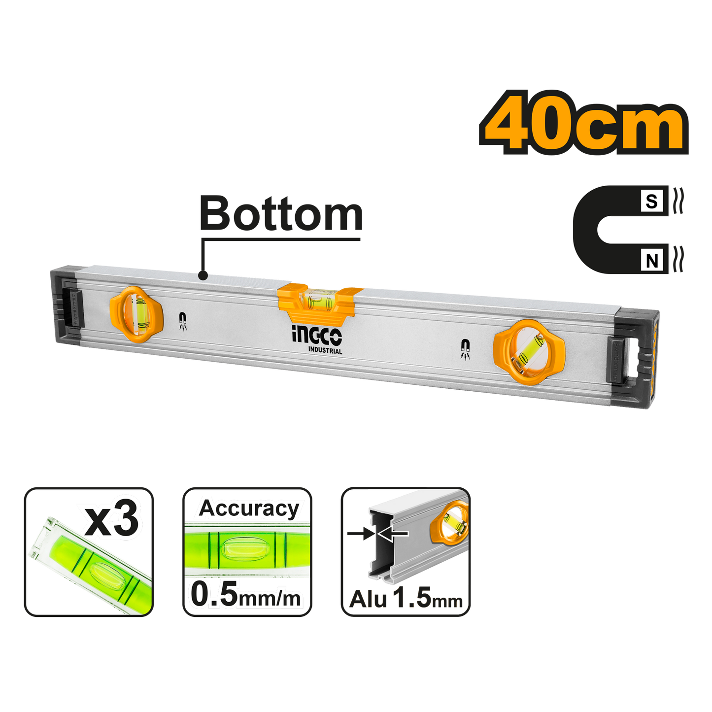 INGCO -  Spirit level with powerful magnets 40cm HSL38040M
