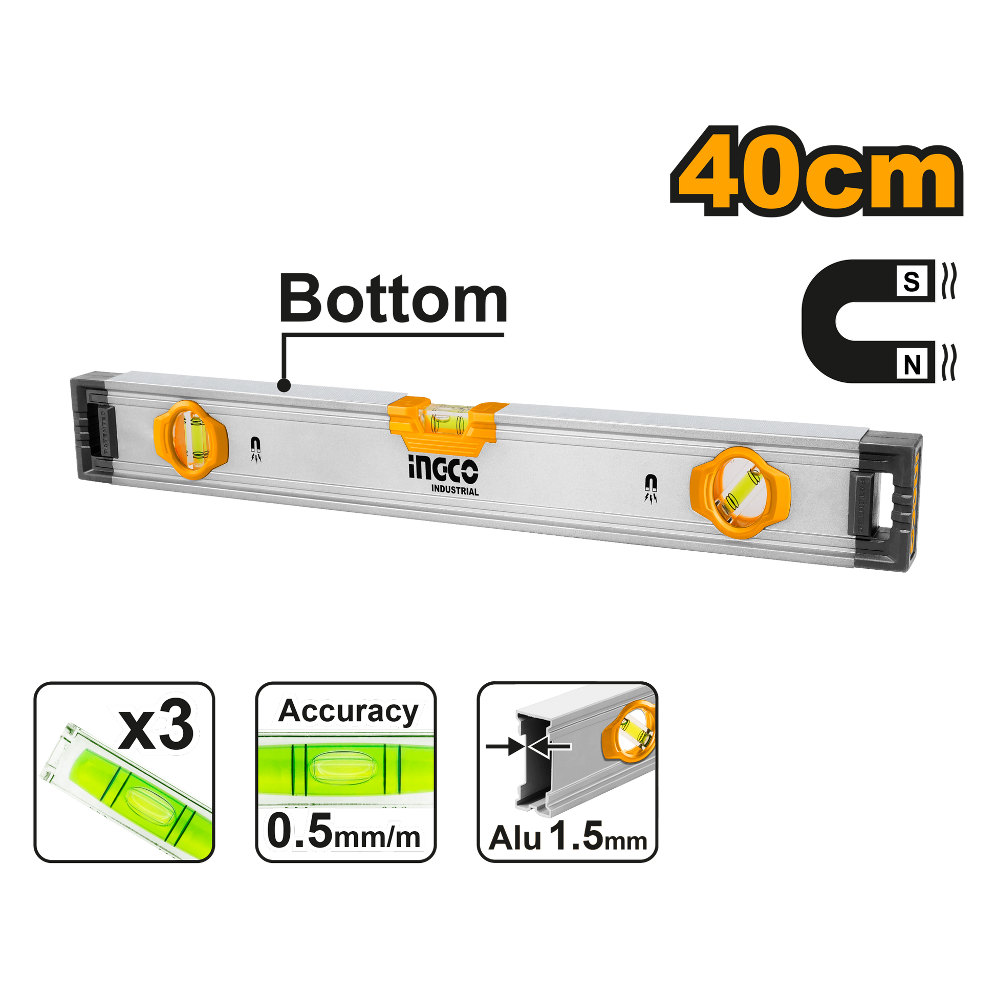 INGCO -  Spirit level with powerful magnets 40cm HSL38040M