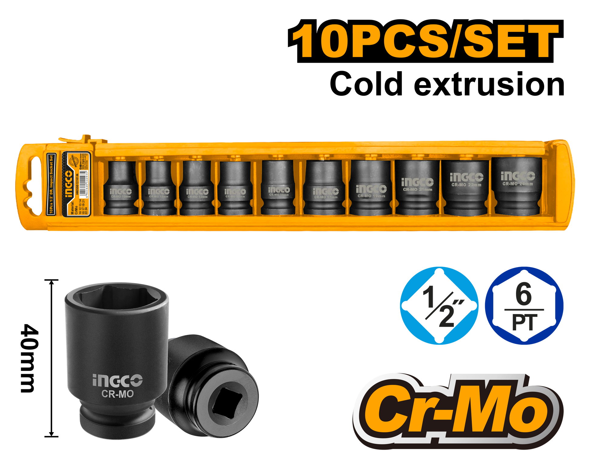 INGCO -  10 Pcs 1/2"DR. impact socket set  HKISSD12101