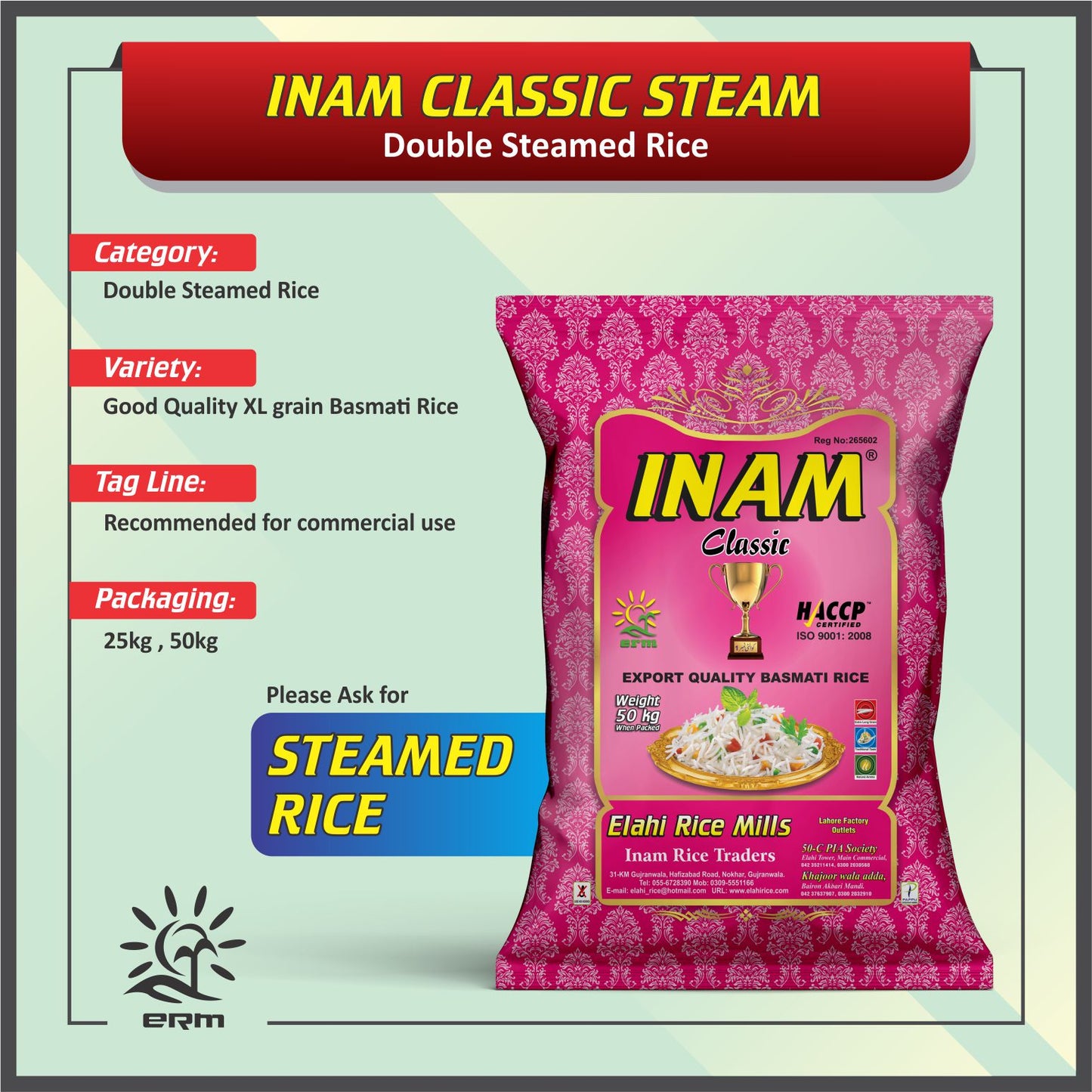 Inam Rice - Classic Steam - Double Steamed Rice - Export Quality Basmati 1121 - XL - 25 KG Pack - Ideal For Commercial Use