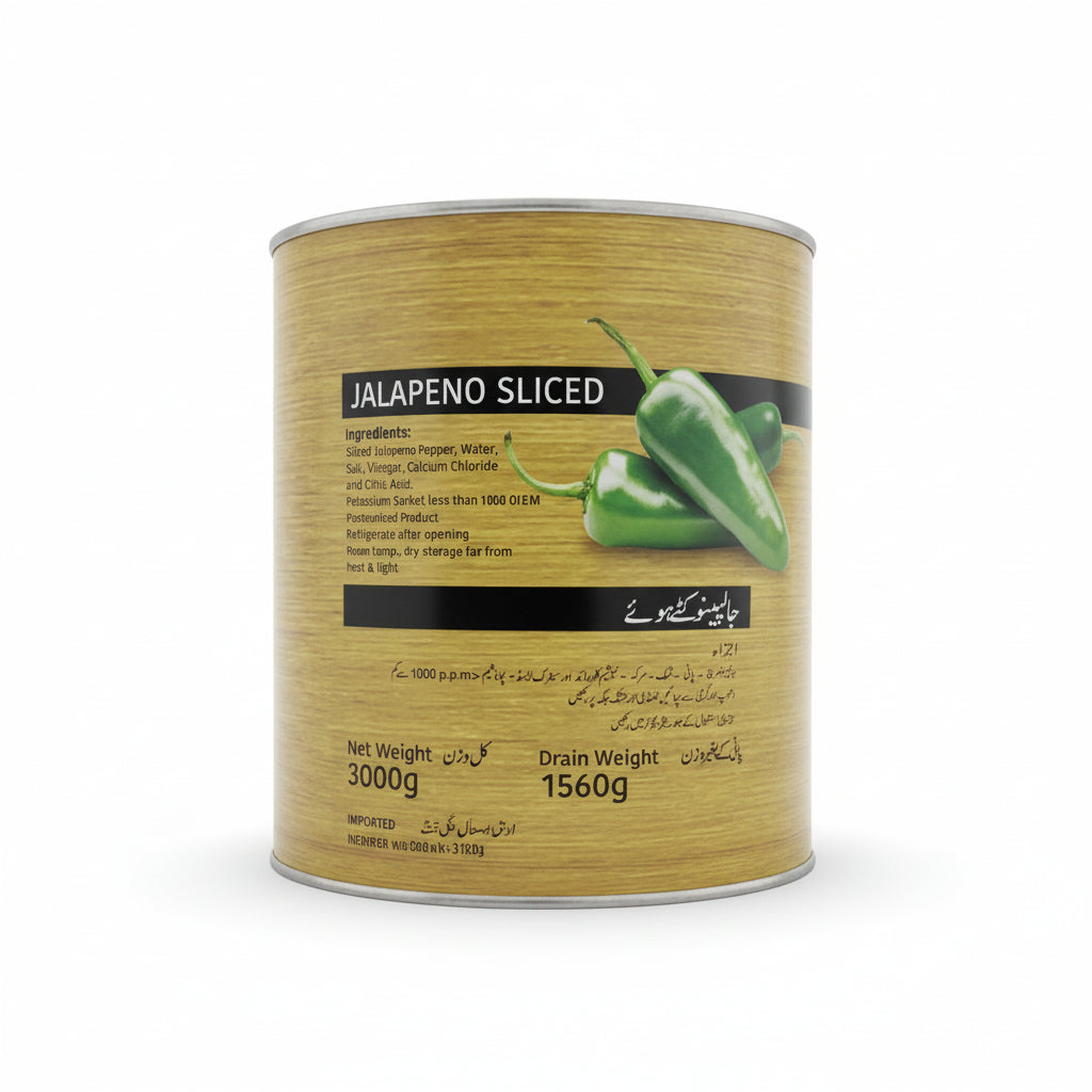 Jalapeno sliced packaging with ingredients list on a wooden surface