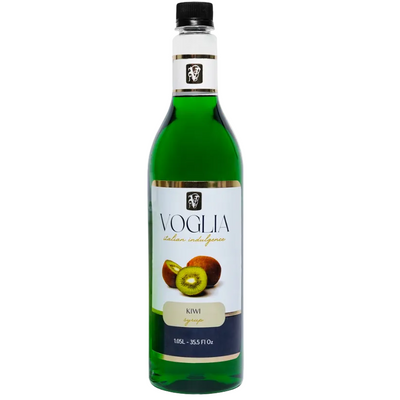 Bottle of Voglia kiwi liqueur on a white background