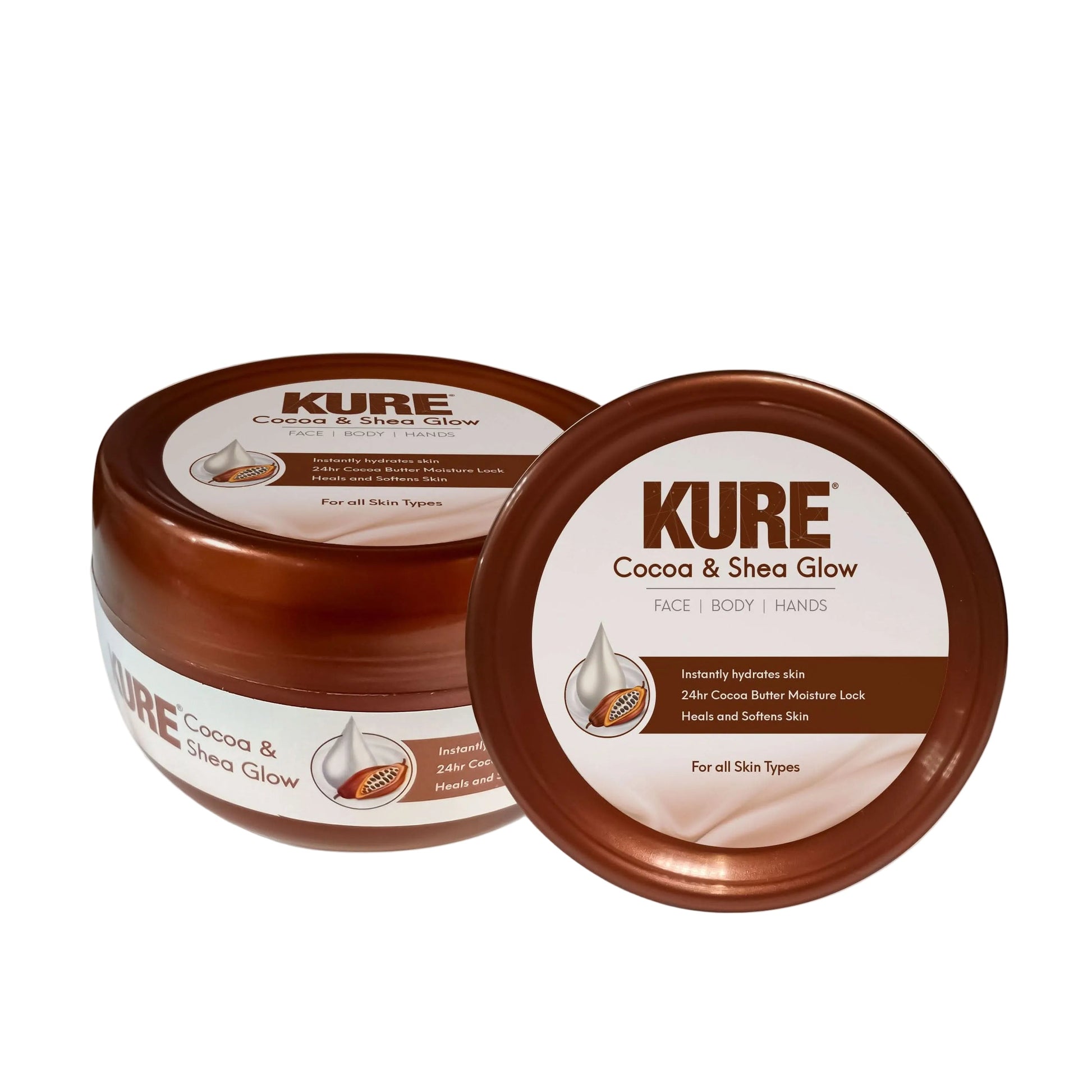 Kure Cocoa & Shea Glow jar with a 'New Arrival' banner on a gray background