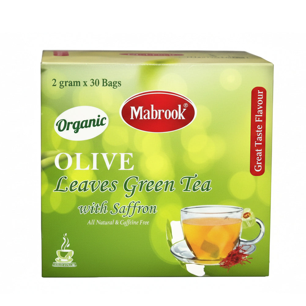 Mabrook Organic Olive Leaves Green Tea with Saffron packaging on a white background