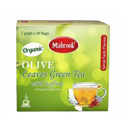 Mabrook Organic Olive Leaves Green Tea with Saffron packaging on a white background
