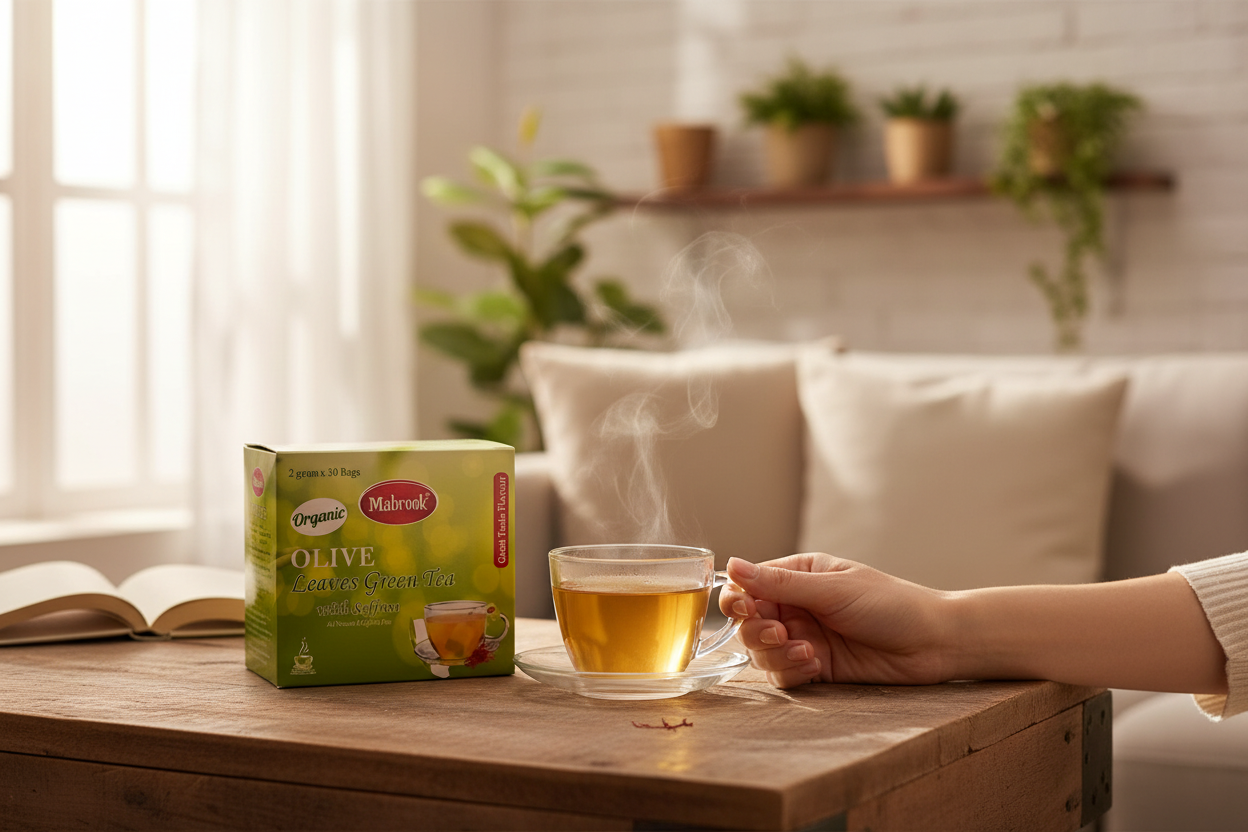 Person holding a steaming cup of tea next to a Nubian Olive tea box on a wooden table in a cozy living room.