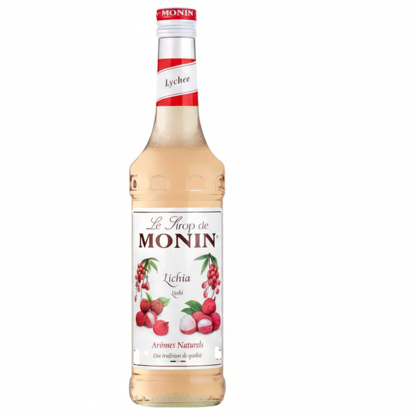 Monin Litchi syrup bottle on a white background