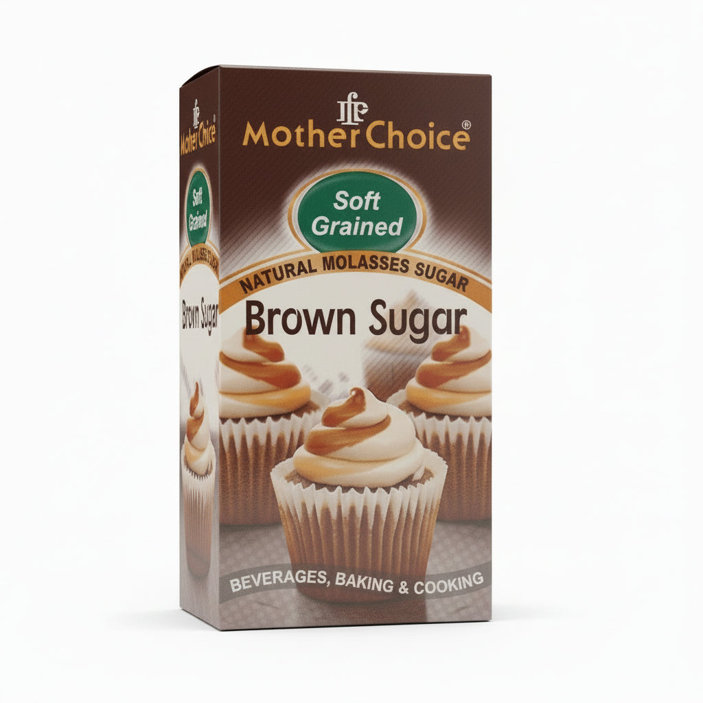 Box of Mother Choice brown sugar with cupcakes on a white background