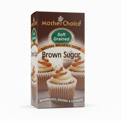 Box of Mother Choice brown sugar with cupcakes on a white background