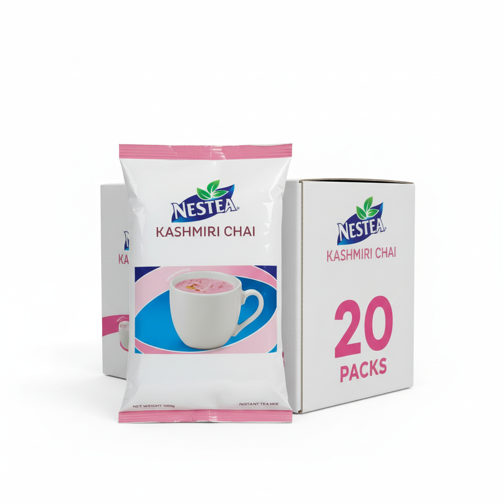 Nestea Kashmiri Chai packaging with a box of 20 packs on a white background