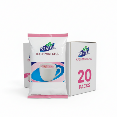 Nestea Kashmiri Chai packaging with a box of 20 packs on a white background