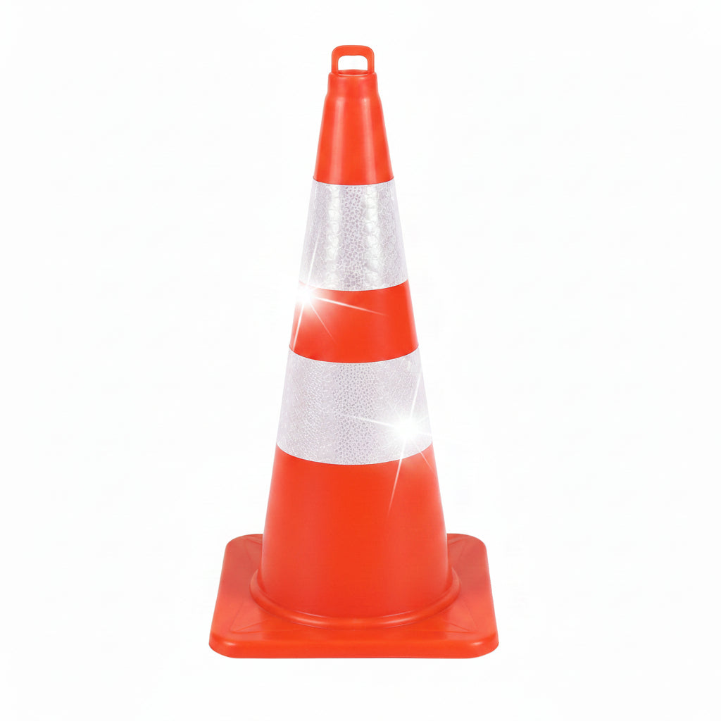 Orange traffic cone with white reflective strip held by a person indoors.