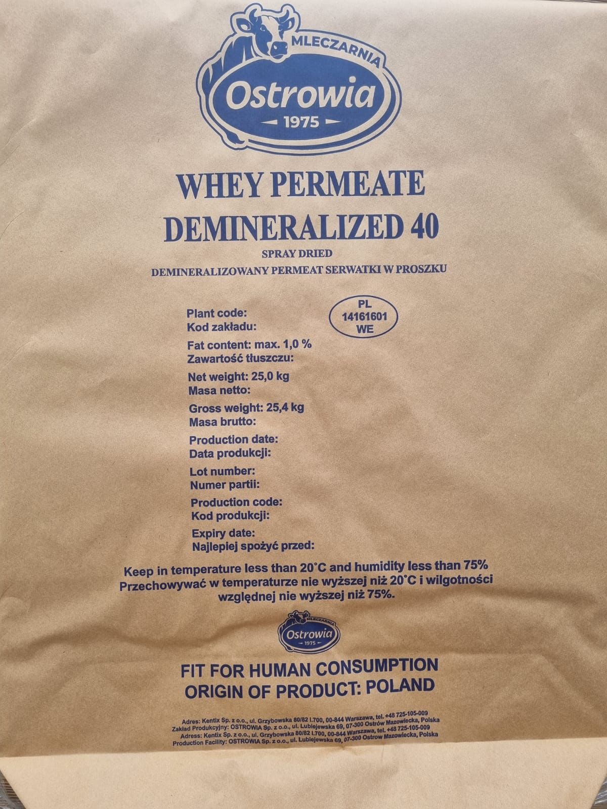 Ostrowia - Whey - Permeate - Demineralized 40% - Made in Poland - 25 KG - Milkiland