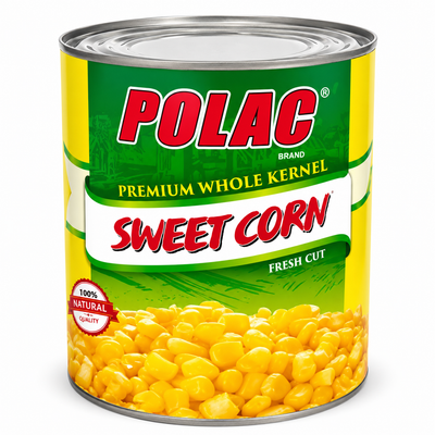 A can of POLAC Premium Whole Kernel Sweet Corn on a clean white background.