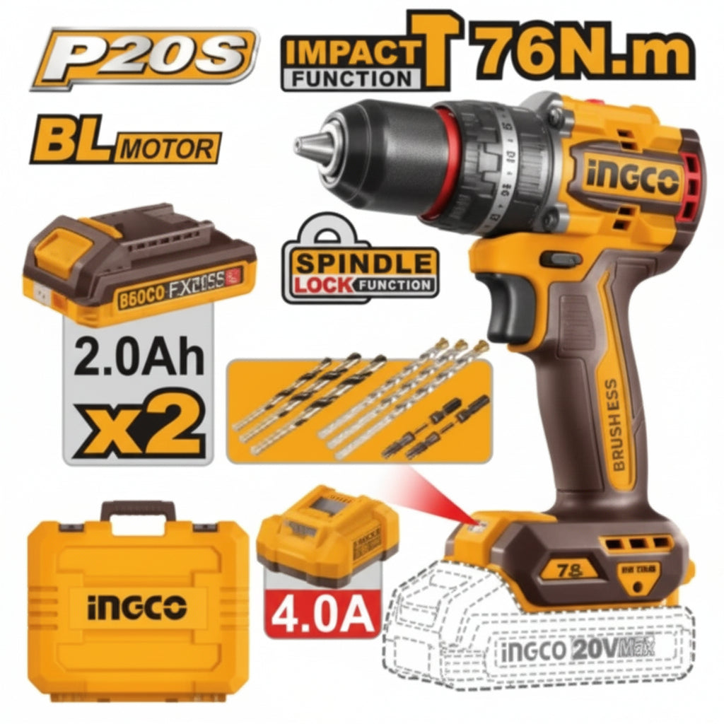 INGCO - Compact Brushless Cordless Impact Drill - Item No. CIDLI 207686 Industrial