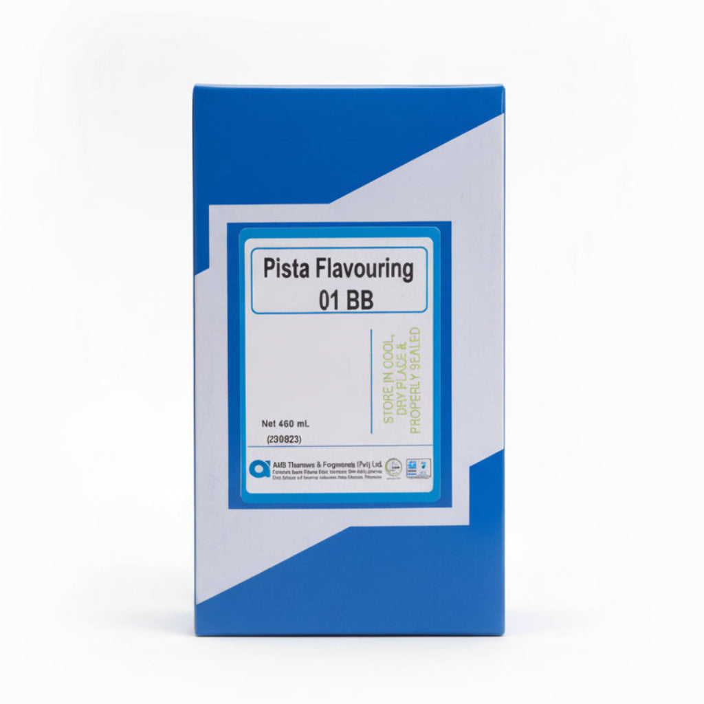 Pista Flavouring 01 BB label on a blue container with a hand holding it.