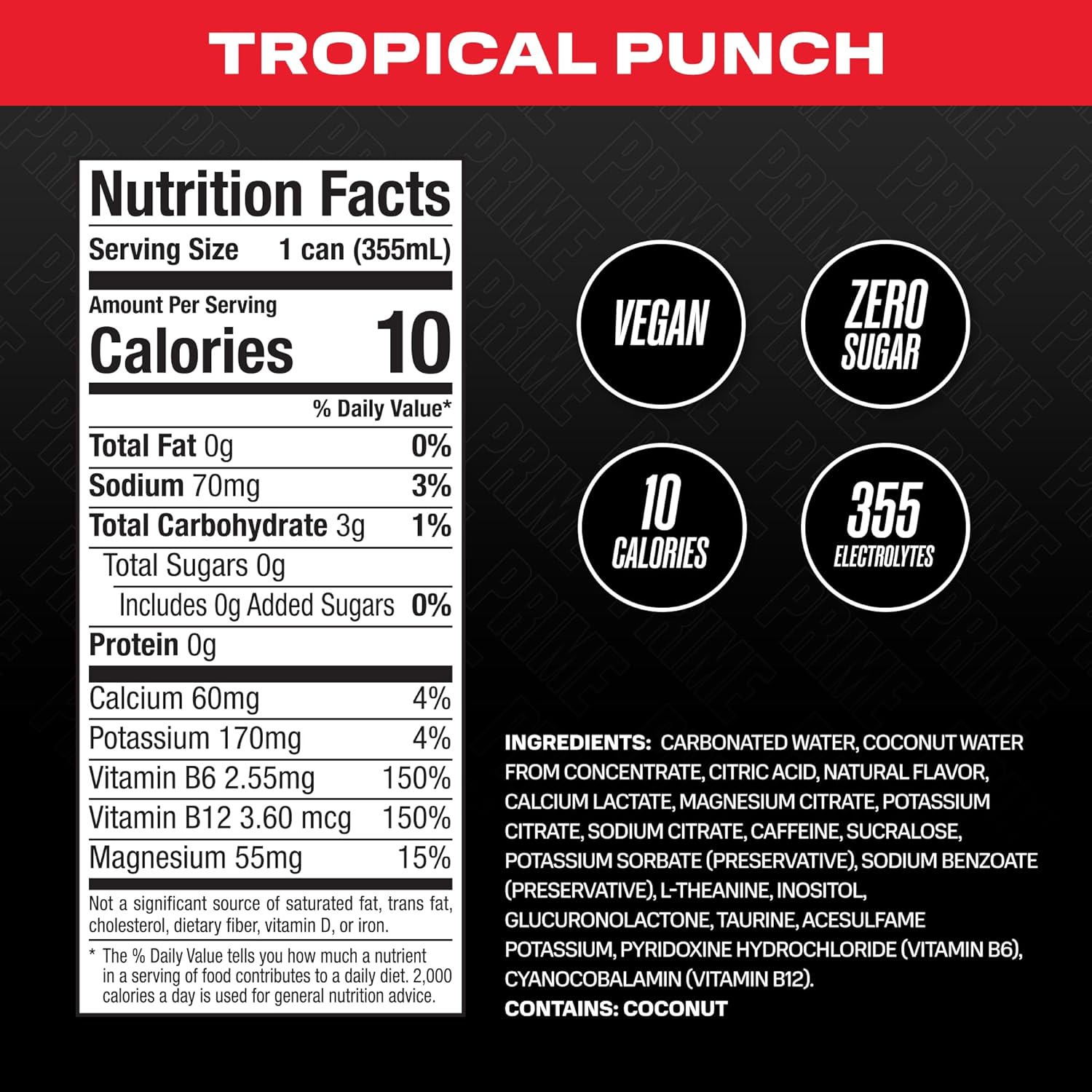 Prime Hydration - Energy Drink - Zero Sugar - Tropical Punch - 330 ML (12 Pack)