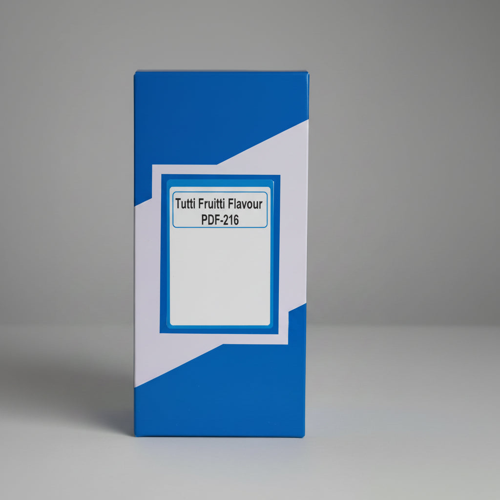 Product packaging with 'Tutti Fruitti Flavour' label on a blue and white background.
