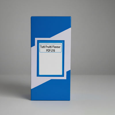Product packaging with 'Tutti Fruitti Flavour' label on a blue and white background.