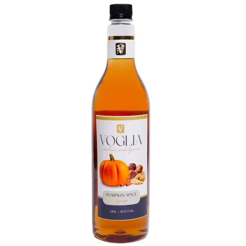 Bottle of Voglia Pumpkin Spice syrup on a white background