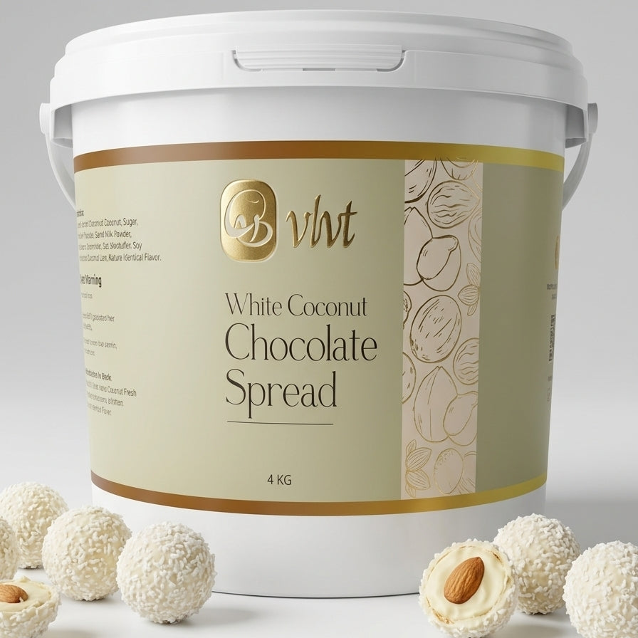 A 4 kg white plastic tub of BVHT White Coconut Chocolate Spread, shown on a light gray background with several chocolate-coated coconut balls and one halved coconut with an almond visible in the foreground.