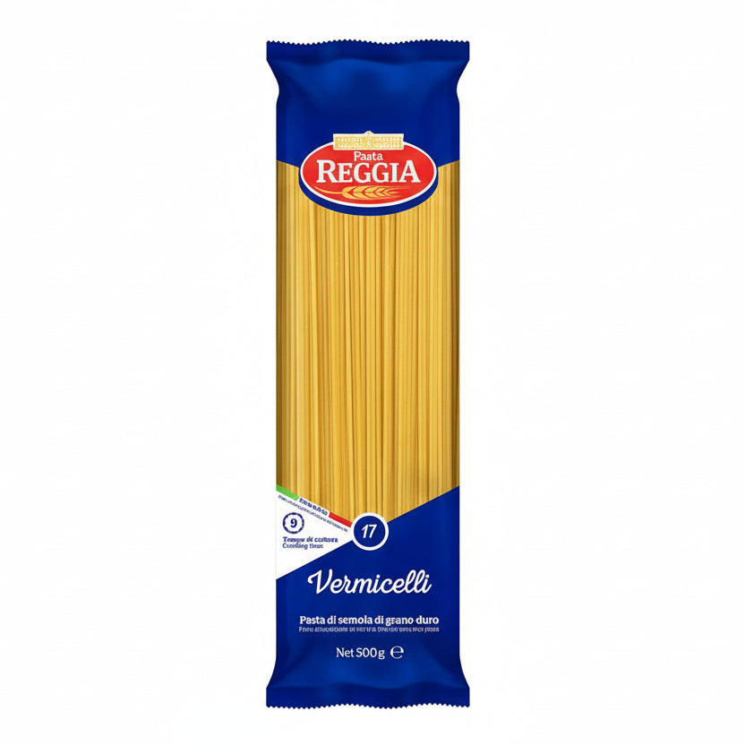Pack of pasta with blue and yellow packaging on a white background