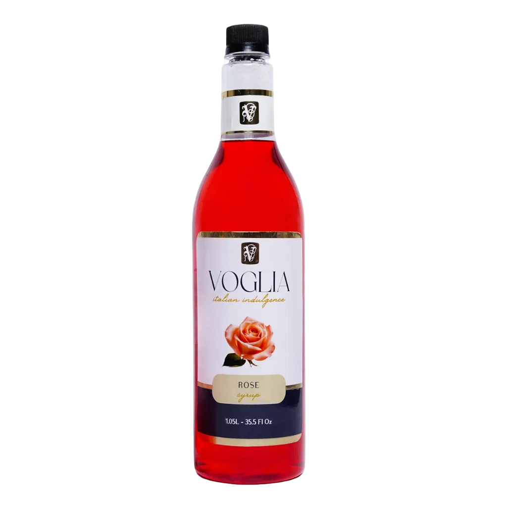 Bottle of Voglia Rose syrup on a white background