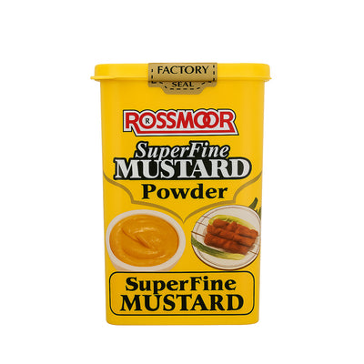 Yellow box of Rossmoor Super Fine Mustard Powder on a white background