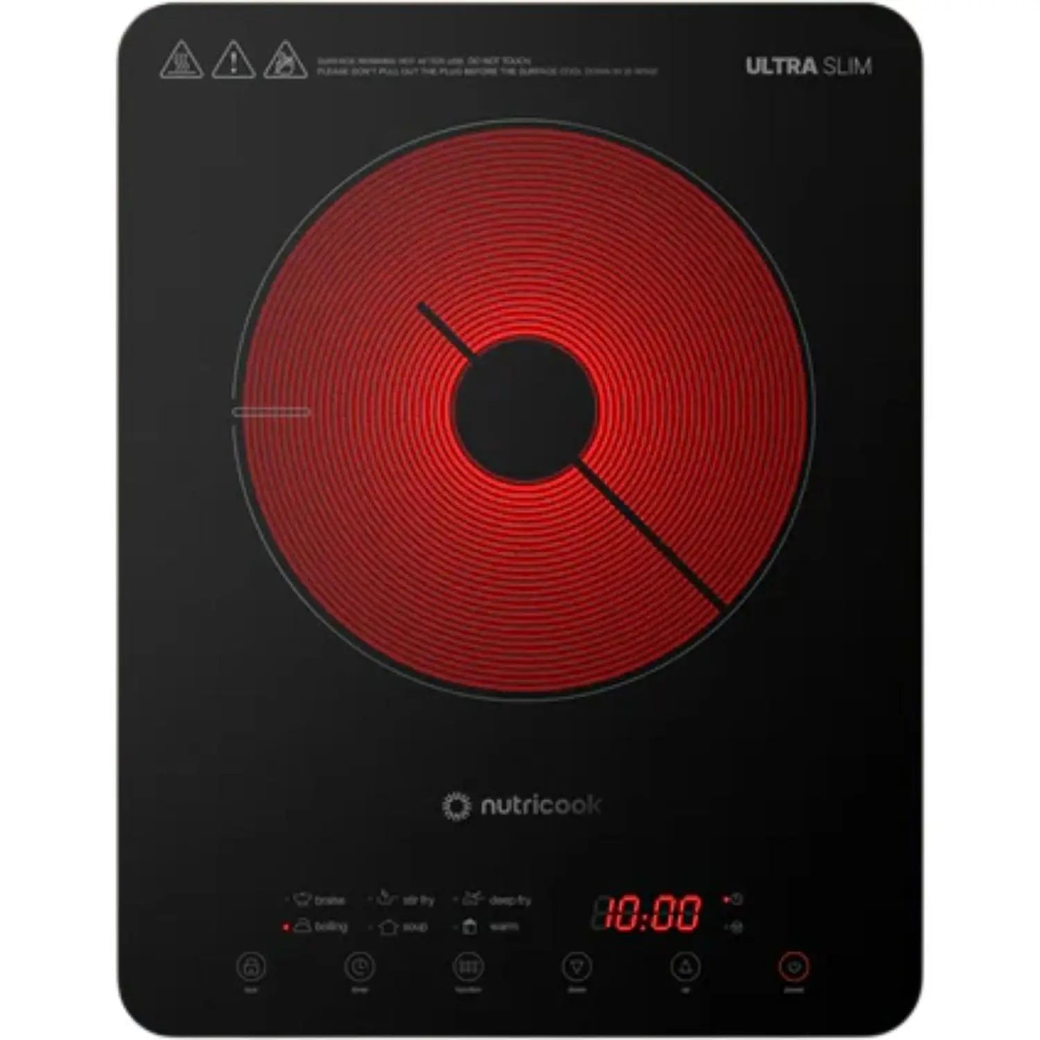 Nutricook induction cooktop with red heating element on a white background