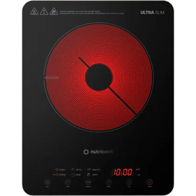 Nutricook induction cooktop with red heating element on a white background