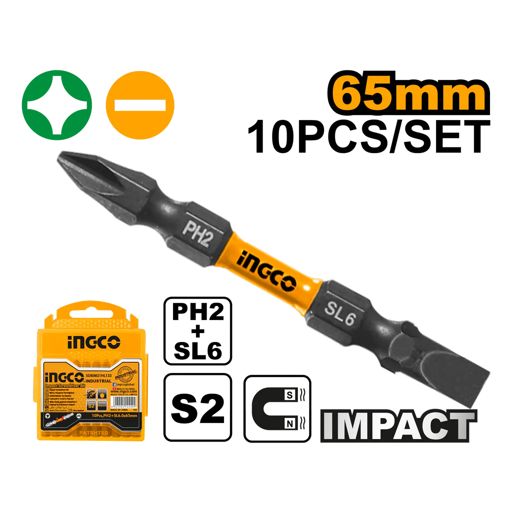 INGCO -  Impact screwdriver bits ph2+sl6*1 65mm 10 pcs SDBIM21HL133